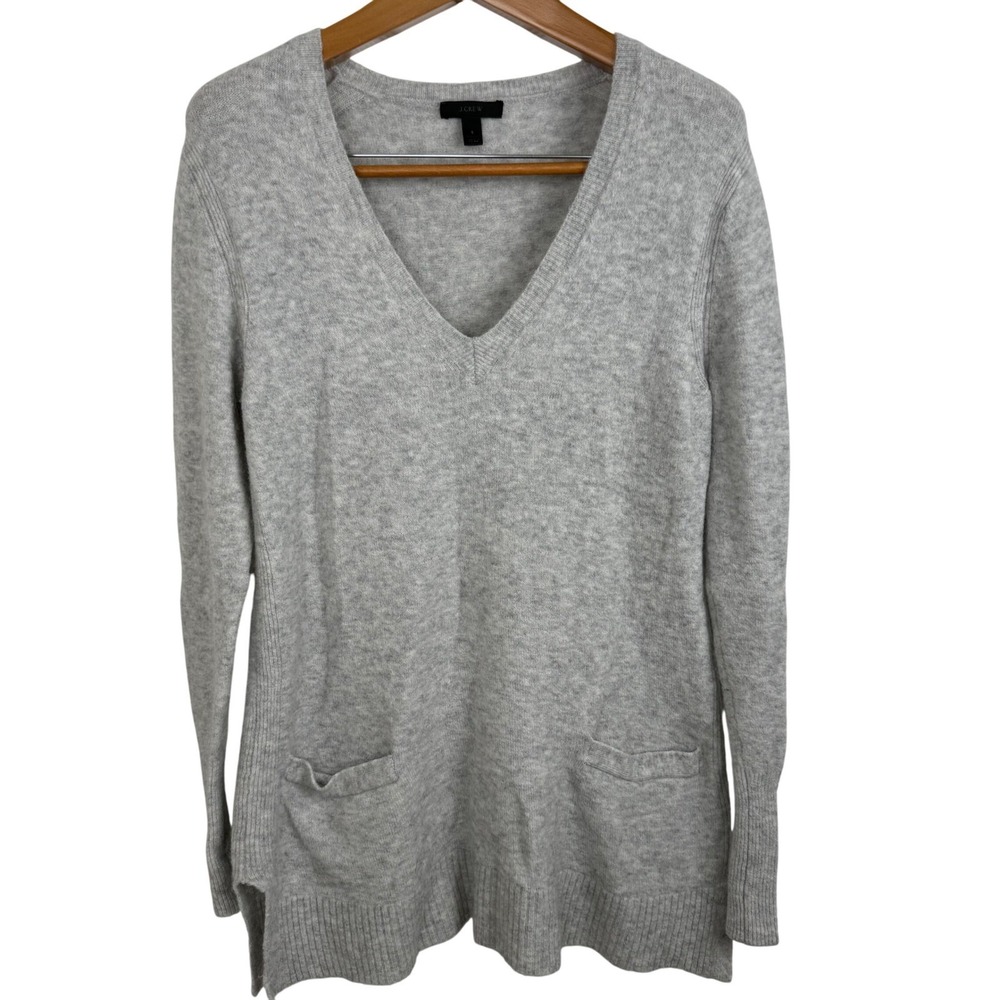J.Crew Gray V-Neck Tunic Sweater Small Merino Wool Alpaca Blend‎ Pockets
